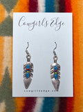 (The Kinsley) Silver Feather Earrings with Turquoise and Red Striped Bone