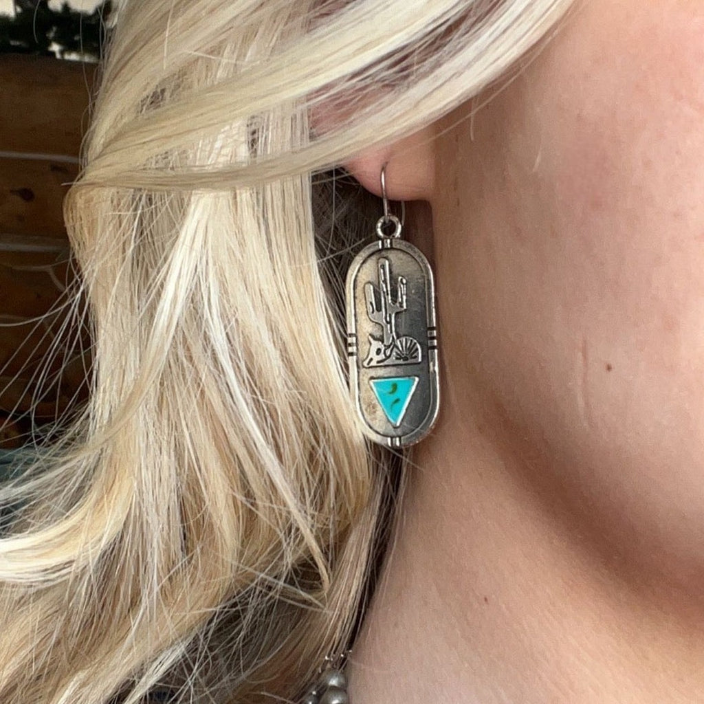 (The Dakotas) Silver Cactus oval Earrings with turquoise triangle stone