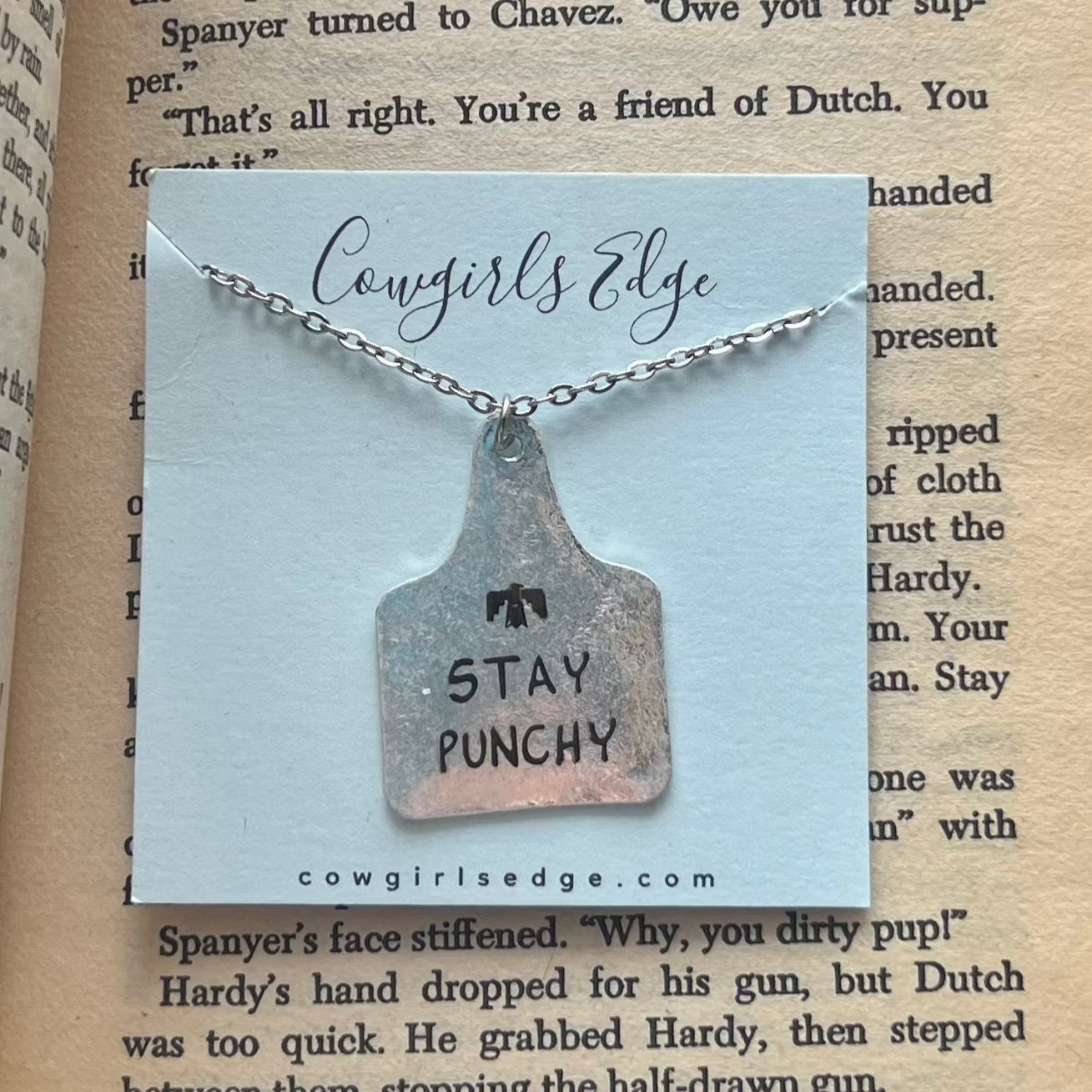 (The Alma) Silver "Stay Punchy" Cow Tag pendant Necklace 18' chain