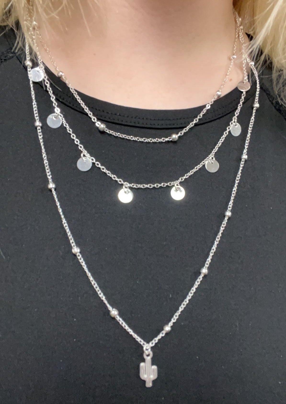 (The Lacey) Layered Fine Necklace silver with Cactus