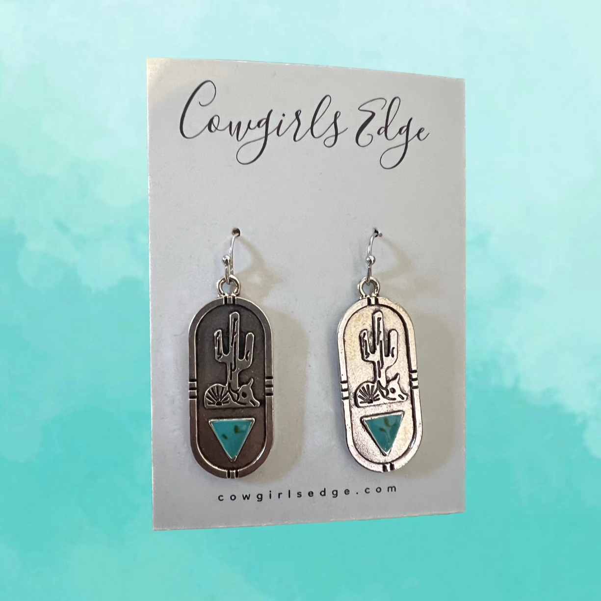 (The Dakotas) Silver Cactus oval Earrings with turquoise triangle stone