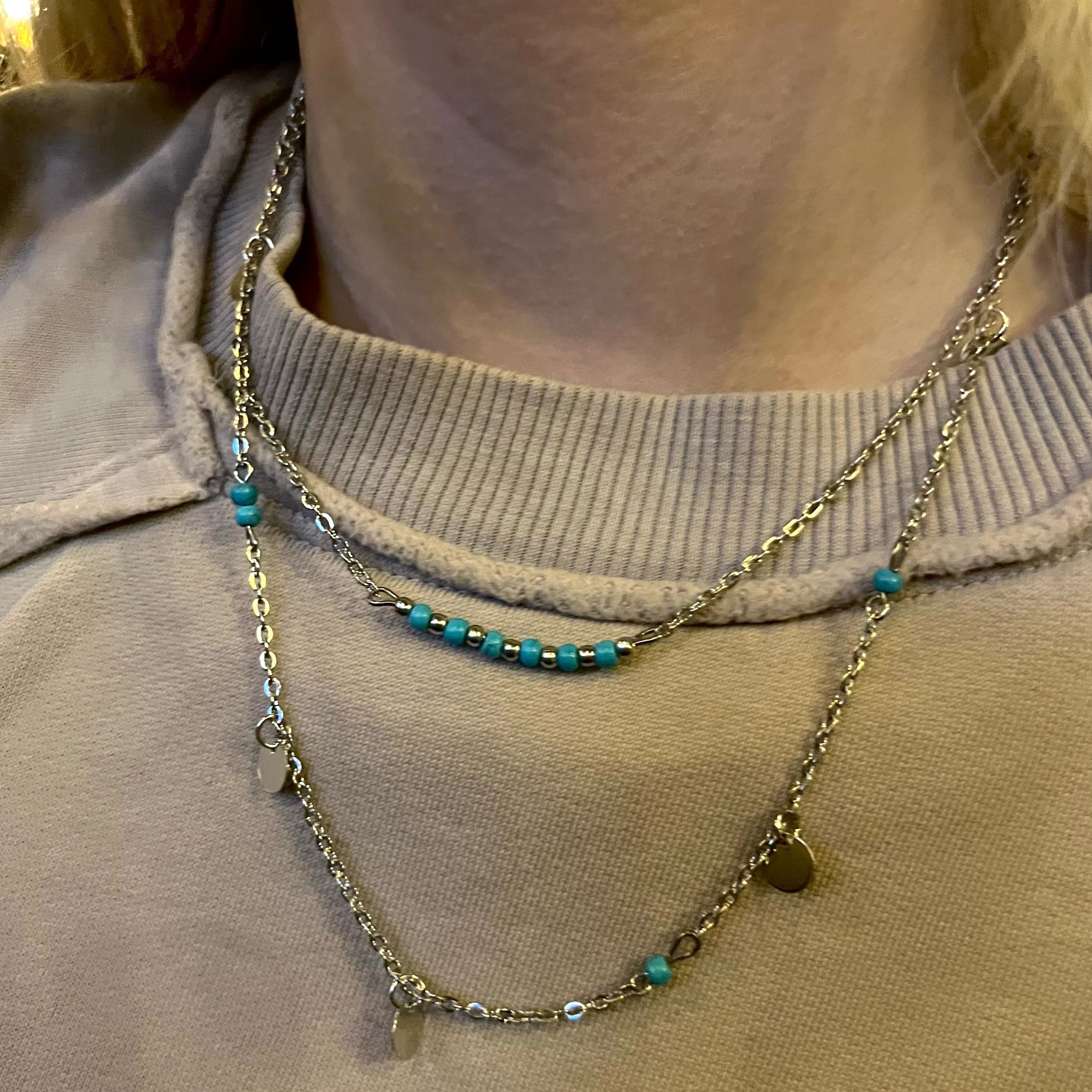 (The Dixie) Silver short 2 layered necklace