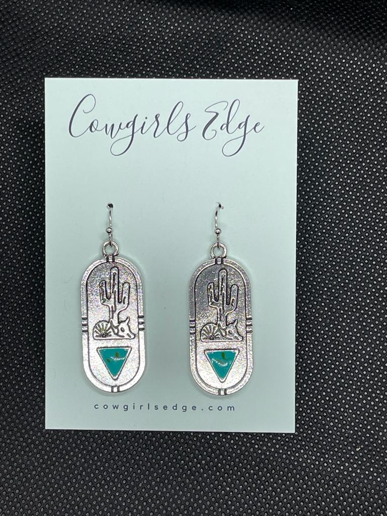 (The Dakotas) Silver Cactus oval Earrings with turquoise triangle stone
