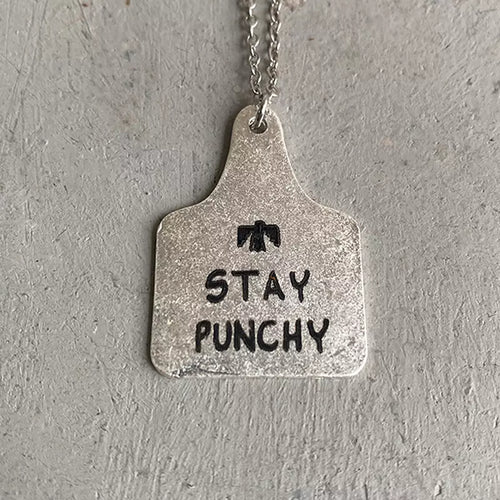 (The Alma) Silver "Stay Punchy" Cow Tag pendant Necklace 18' chain